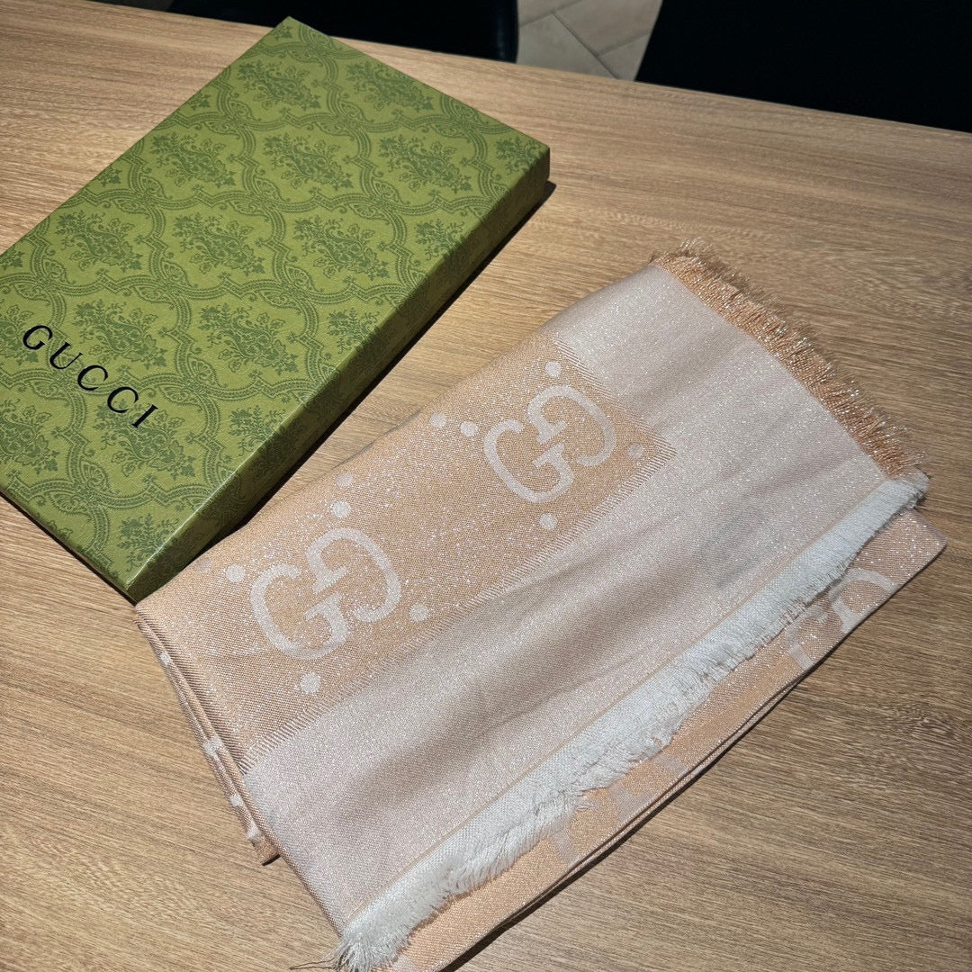 GUCCI JACQUARD SILK WOOL SHAWL 140 CM BISQUE BEIGE 401261