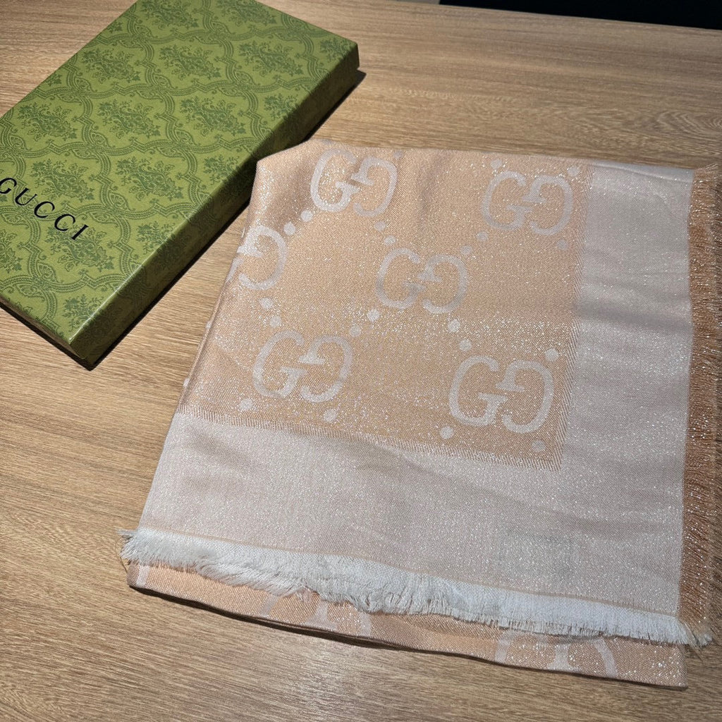 GUCCI JACQUARD SILK WOOL SHAWL 140 CM BISQUE BEIGE 401261