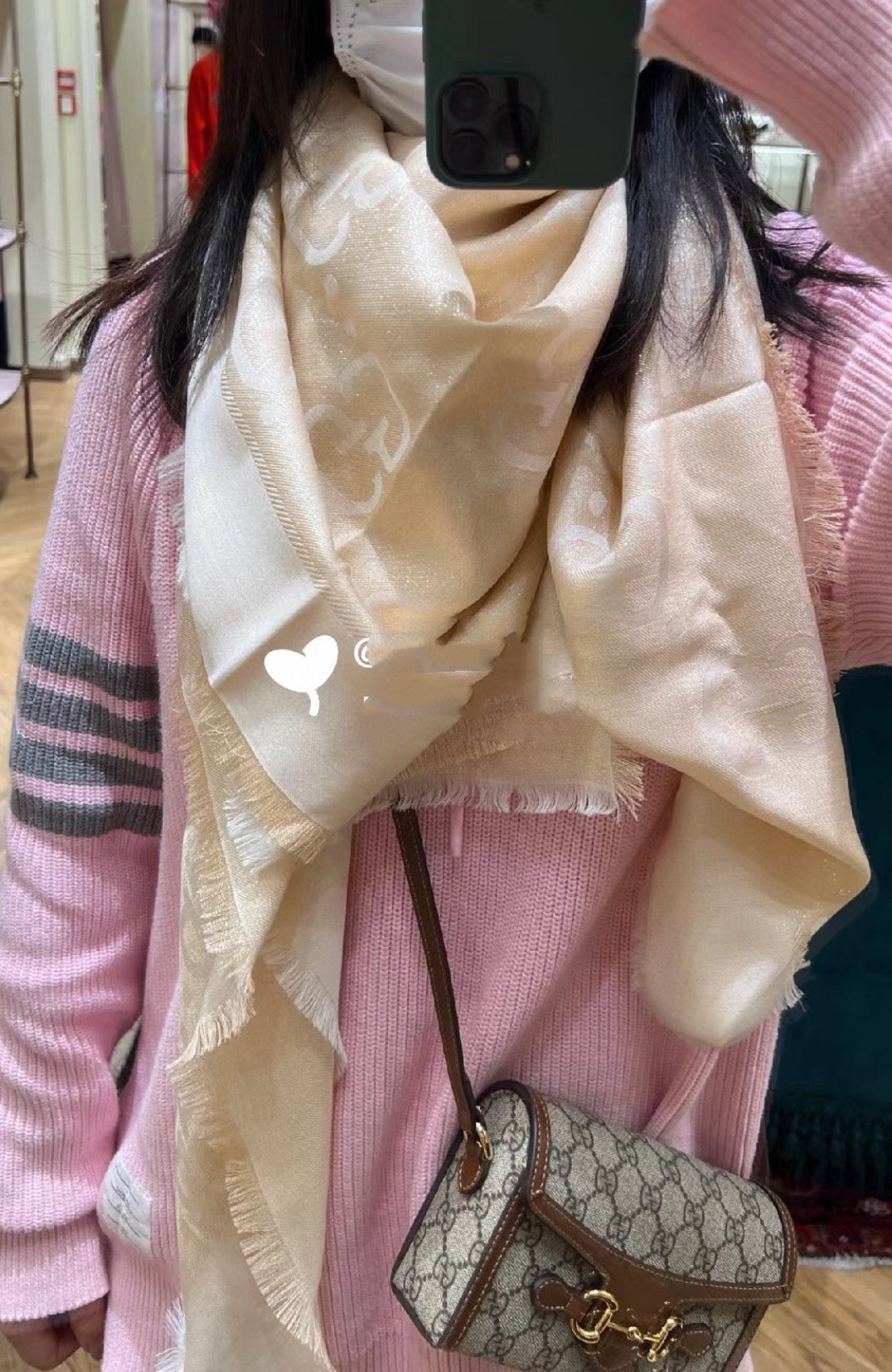 GUCCI JACQUARD SILK WOOL SHAWL 140 CM BISQUE BEIGE 401261