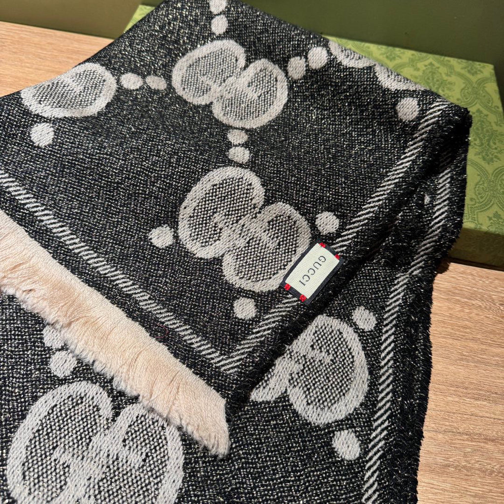 GUCCI SCARF 195 CM IN BLACK AND LIGHT GRAY  WOOL LAMÉ JACQUARD 403977