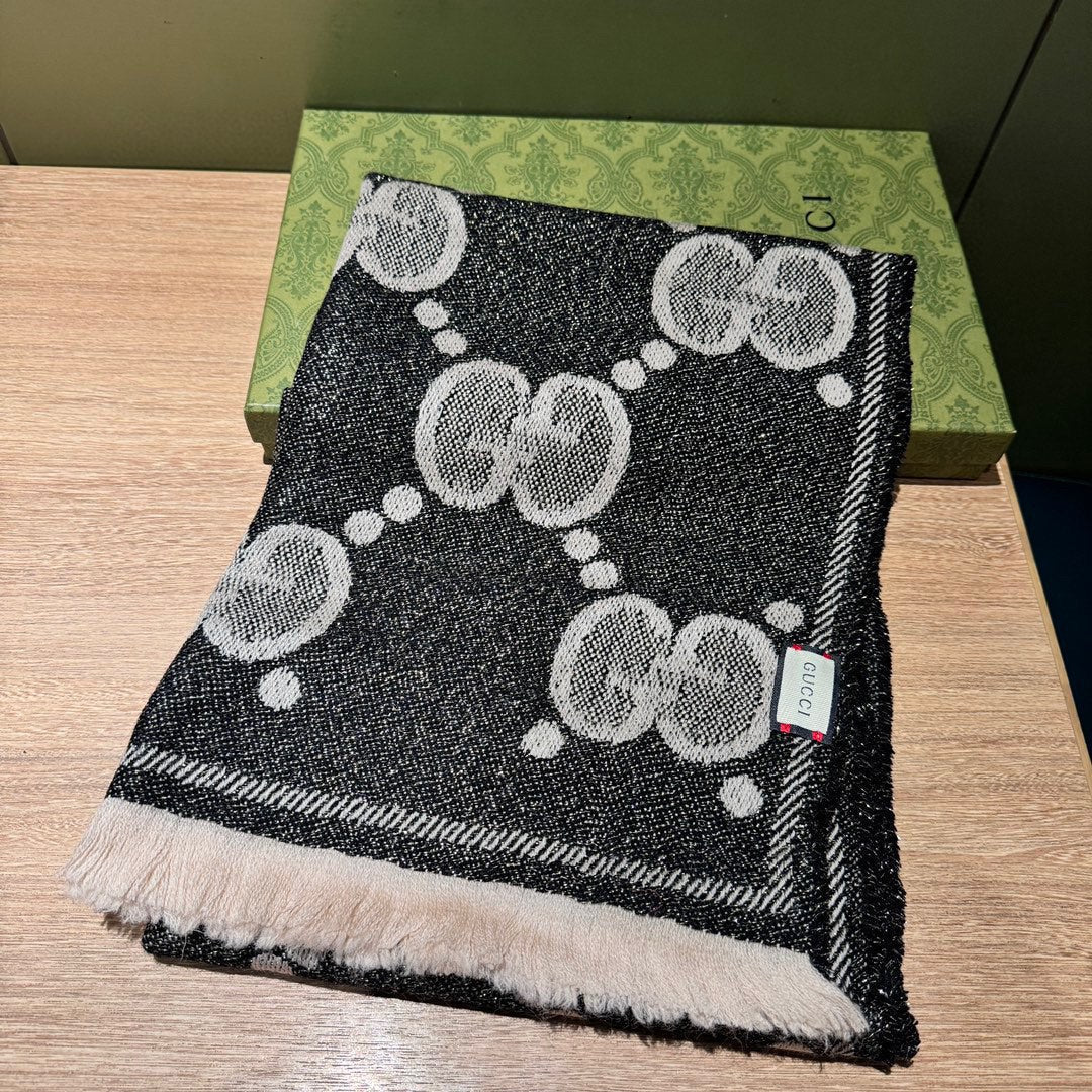 GUCCI SCARF 195 CM IN BLACK AND LIGHT GRAY  WOOL LAMÉ JACQUARD 403977