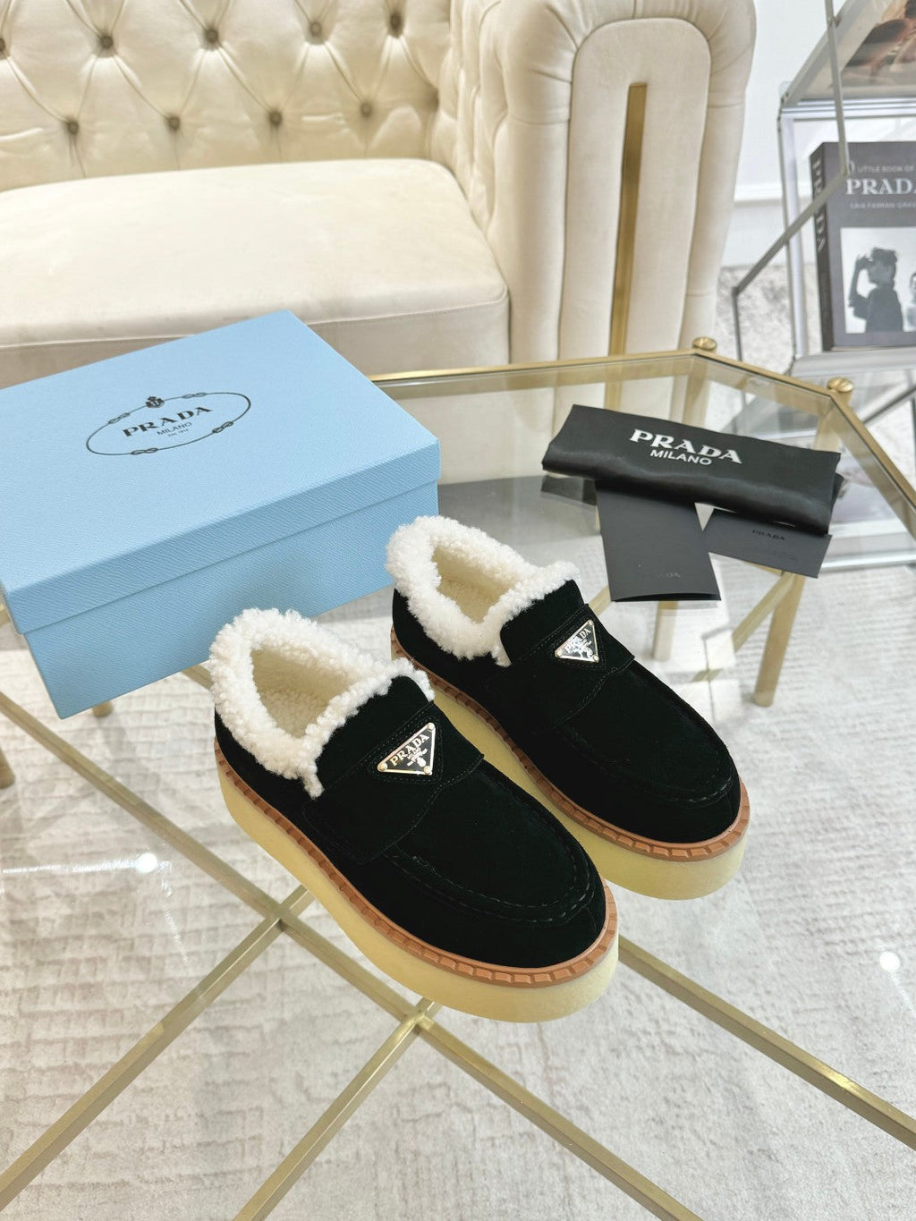 PRADA SUEDE LOAFER BLACK WITH SHEARLING LINING