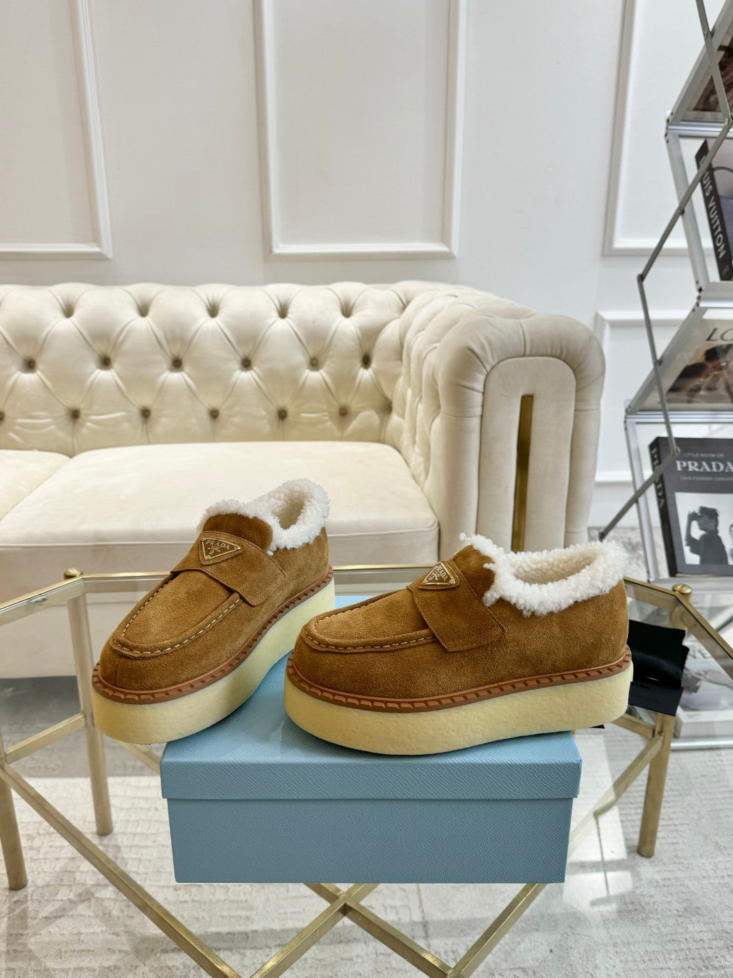 PRADA SUEDE LOAFER CAMEL WITH SHEARLING LINING