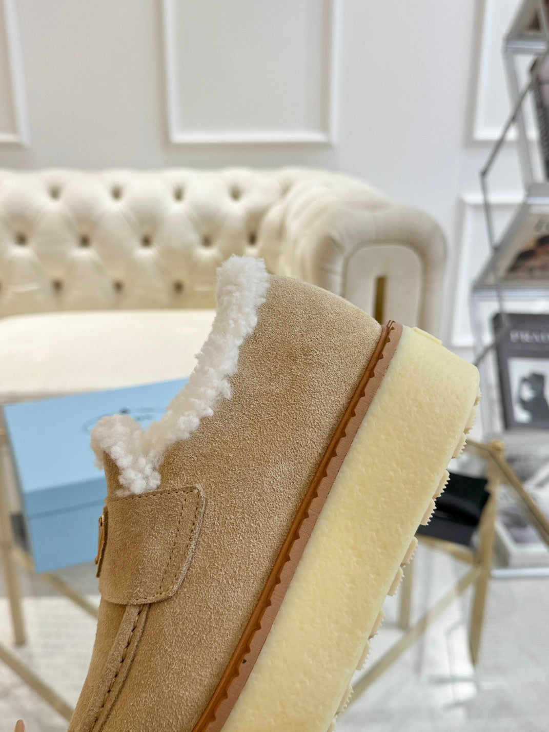 PRADA SUEDE LOAFER LIGHT FRENCH BEIGE WITH SHEARLING LINING
