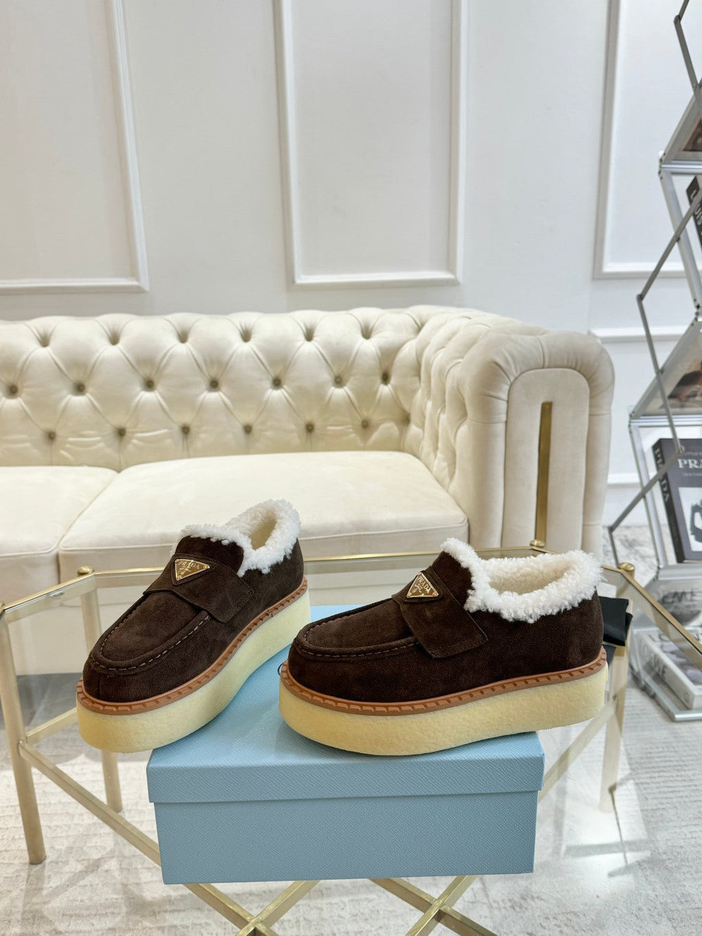PRADA SUEDE LOAFER CHOCOLATE WITH SHEARLING LINING