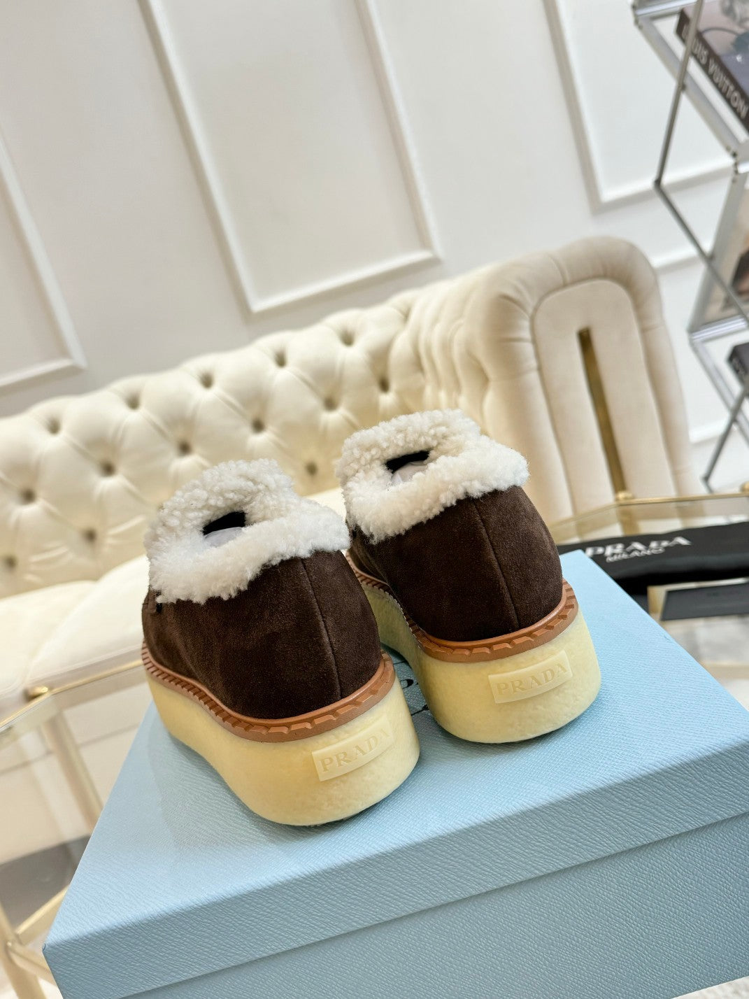 PRADA SUEDE LOAFER CHOCOLATE WITH SHEARLING LINING