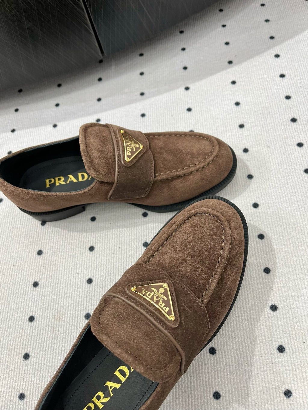 PRADA TRIANGLE LOGO LOAFER IN WOOD BROWN SUEDE