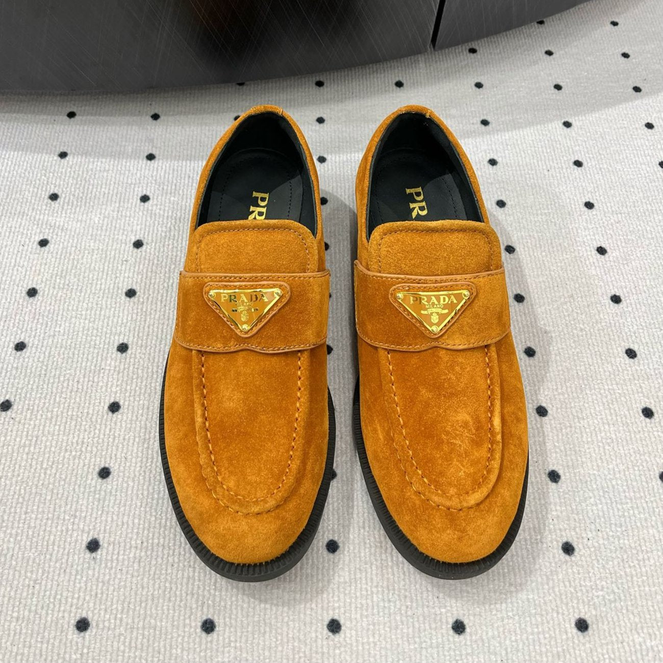 PRADA TRIANGLE LOGO LOAFER IN PERU BROWN SUEDE