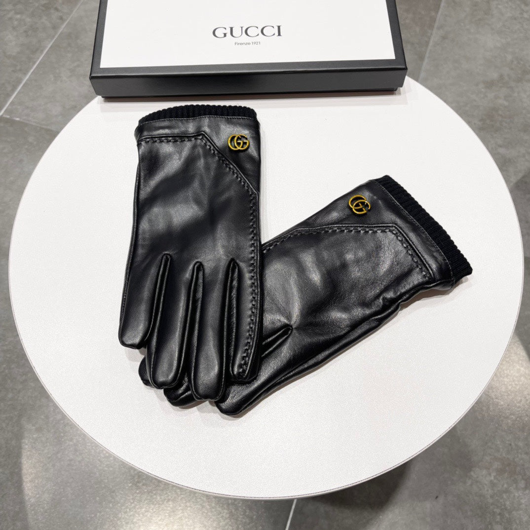 GUCCI TOUCHSCREEN GLOVES IN BLACK LAMBSKIN MIX WOOL 130577