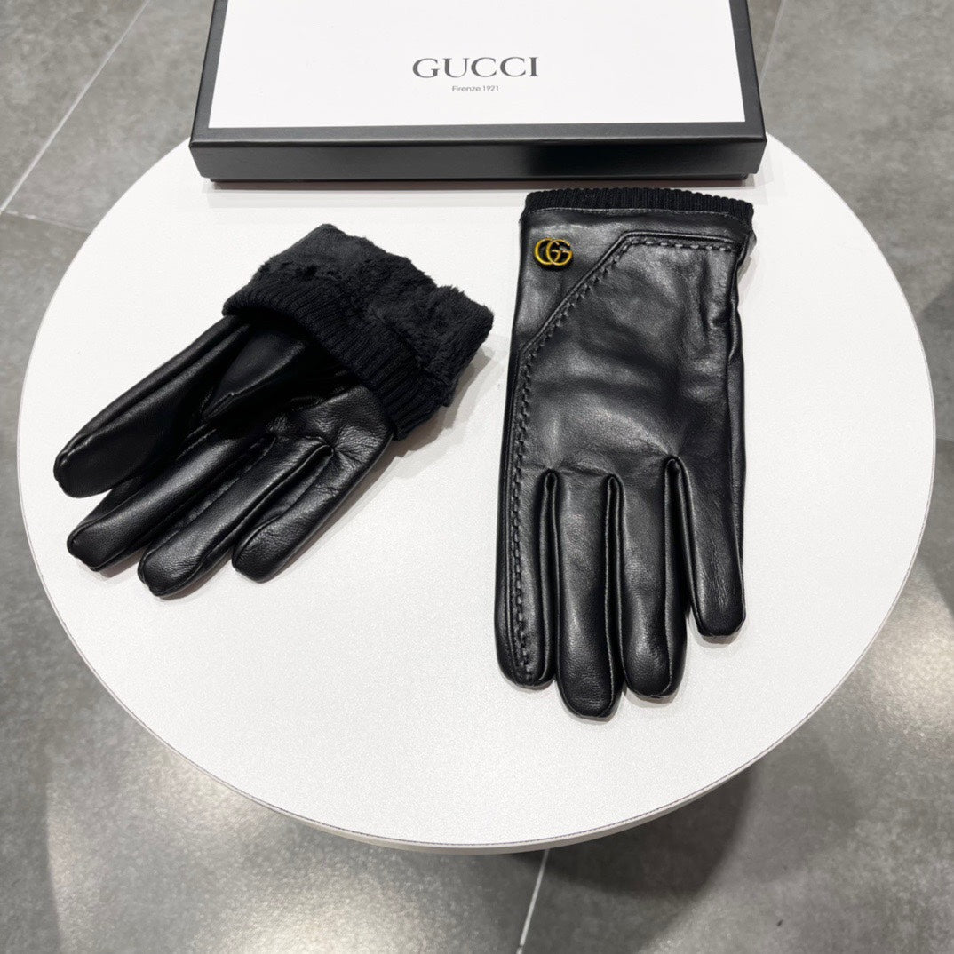 GUCCI TOUCHSCREEN GLOVES IN BLACK LAMBSKIN MIX WOOL 130577