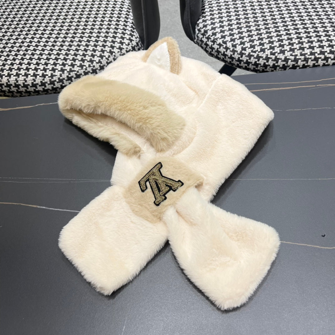 LOUIS VUITTON PLUSH EARMUFFS HAT IN BEIGE WOOL AND FOX FUR 403462