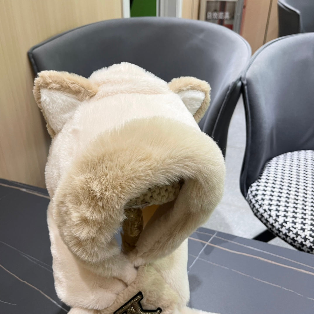 LOUIS VUITTON PLUSH EARMUFFS HAT IN BEIGE WOOL AND FOX FUR 403462