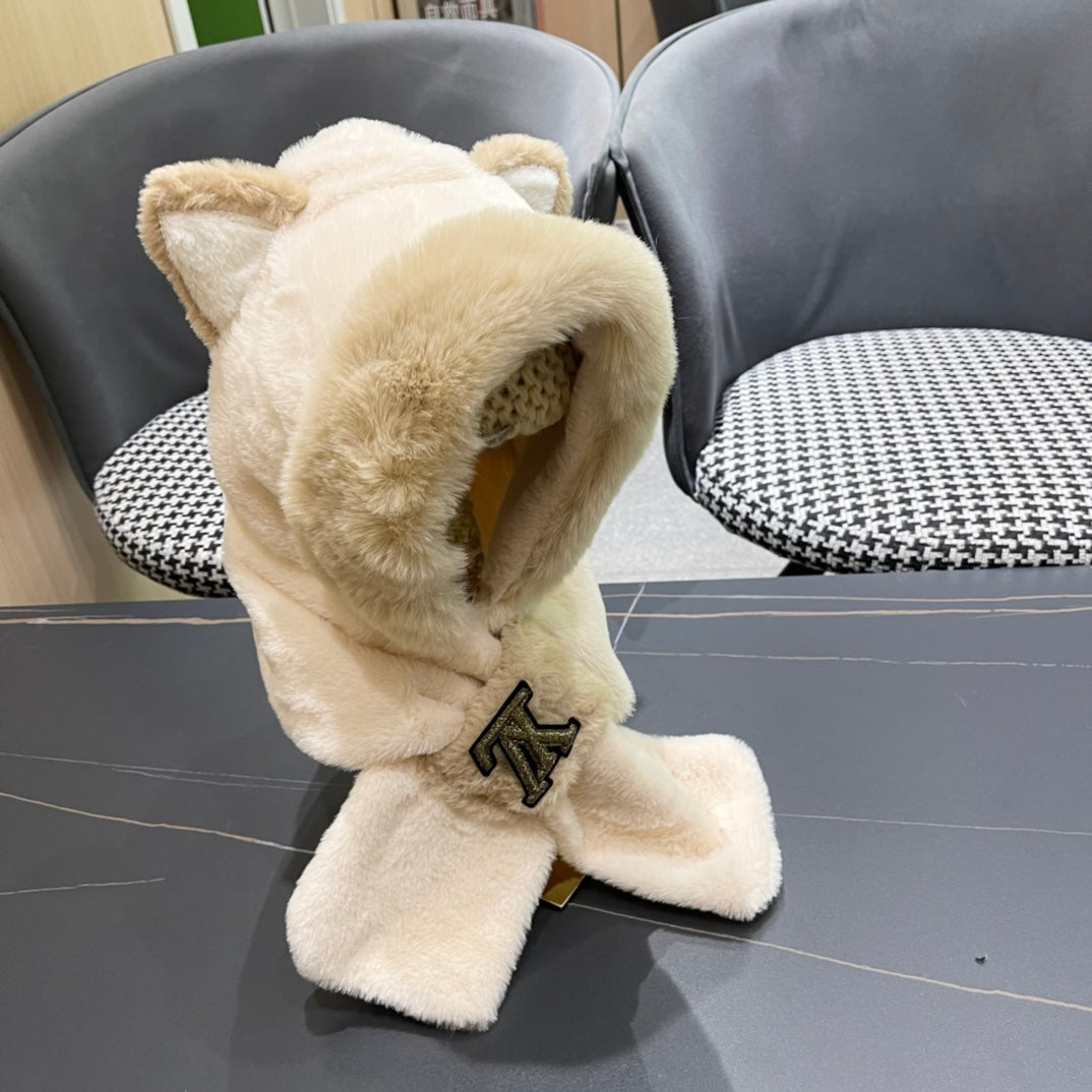 LOUIS VUITTON PLUSH EARMUFFS HAT IN BEIGE WOOL AND FOX FUR 403462