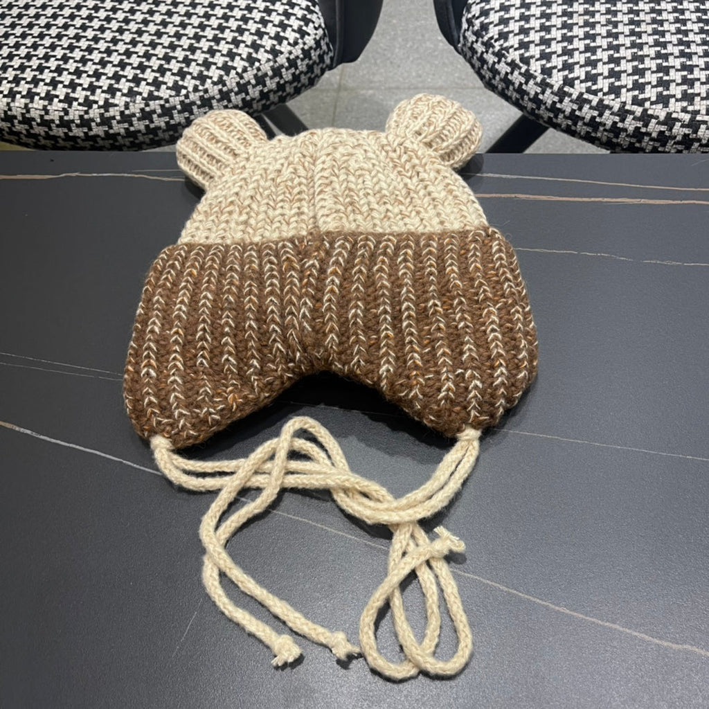 LOUIS VUITTON KNITTED BEANIE HAT WITH CUTE EARS IN BEIGE MIX BROWN WOOL 403482