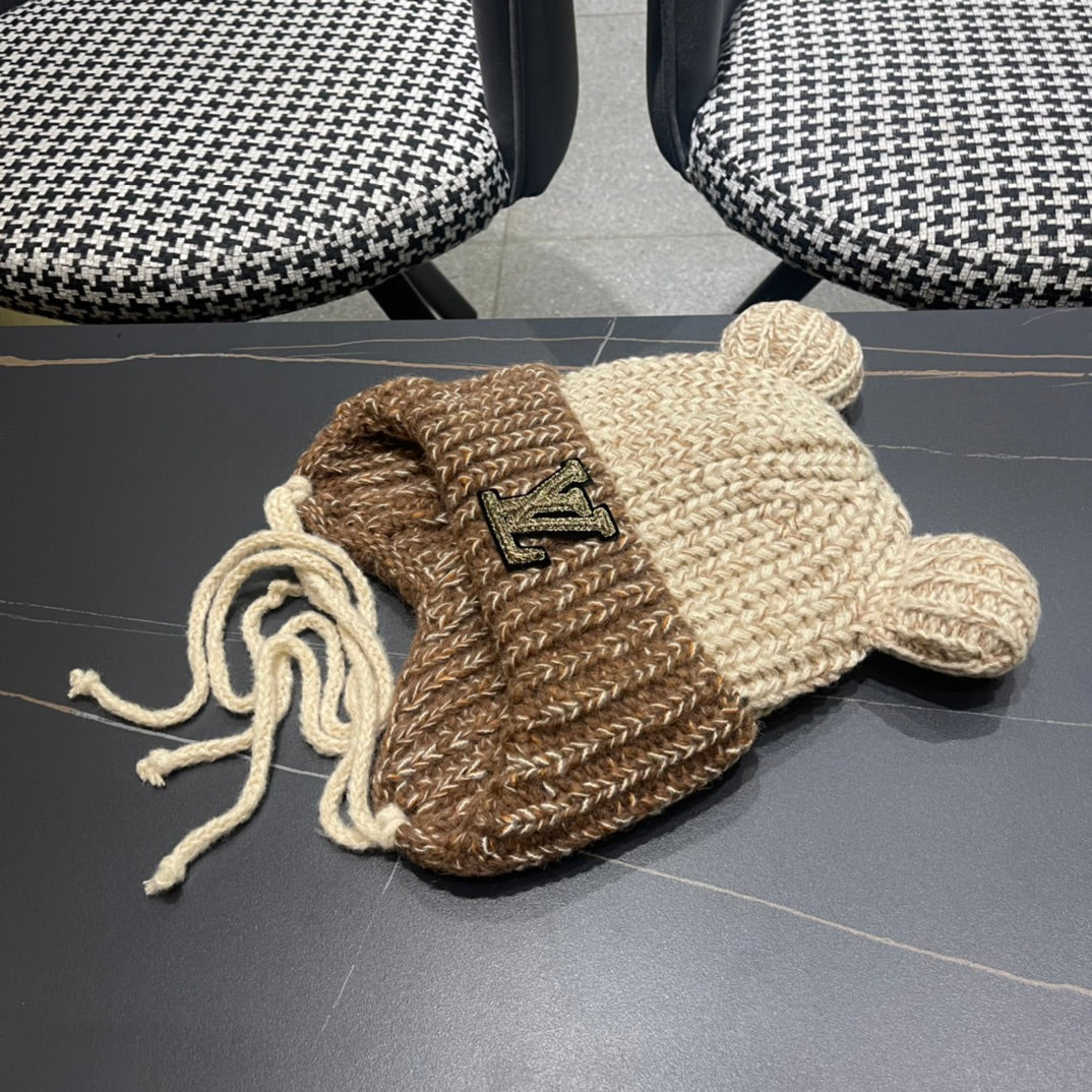 LOUIS VUITTON KNITTED BEANIE HAT WITH CUTE EARS IN BEIGE MIX BROWN WOOL 403482
