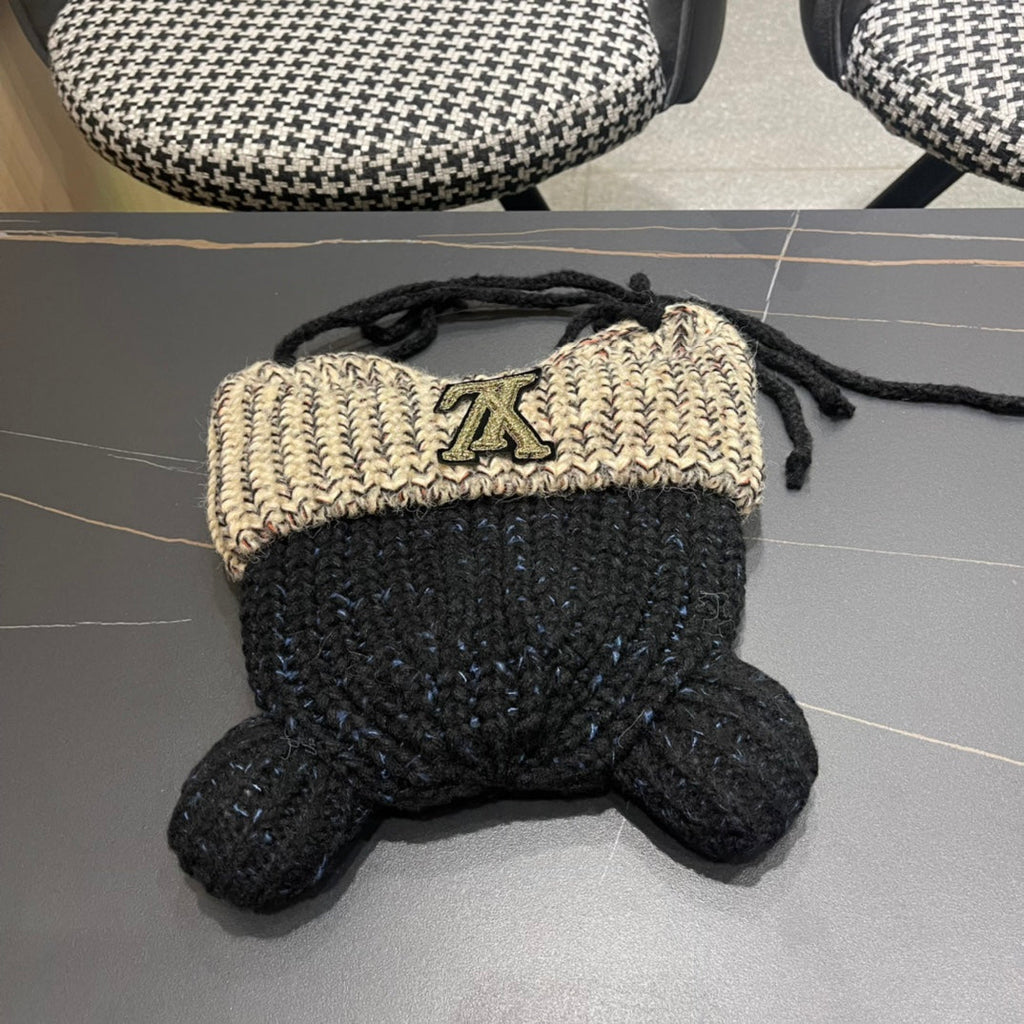 LOUIS VUITTON KNITTED BEANIE HAT WITH CUTE EARS IN BLACK MIX BEIGE WOOL 403483