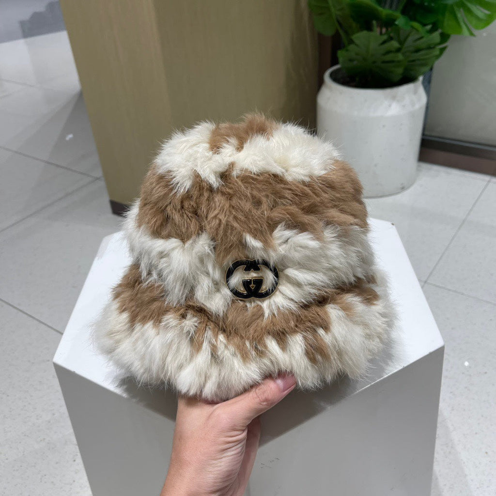 GUCCI BUCKET HAT IN MEDIUM BROWN MIX WHITE RABBIT FUR 404638