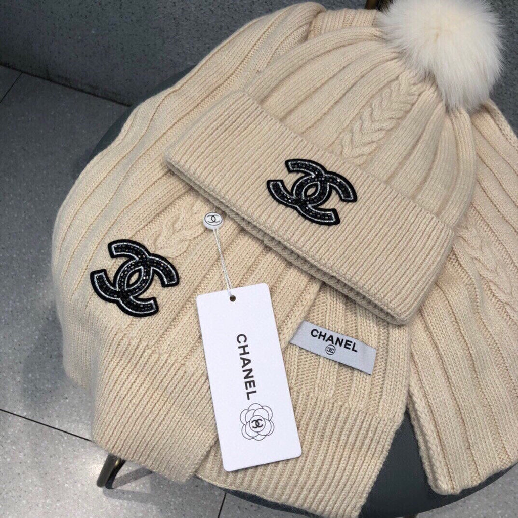 CHANEL SET SCARF AND HAT IN BISQUE BEIGE WOOL 420821