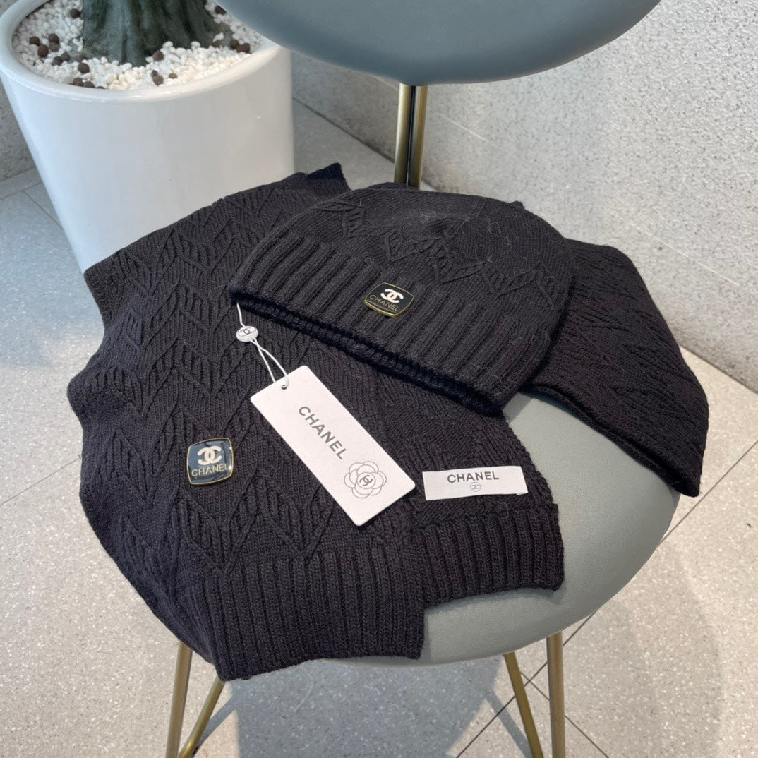 CHANEL WOOL KNIT HAT AND SCARF SET BLACK 420828