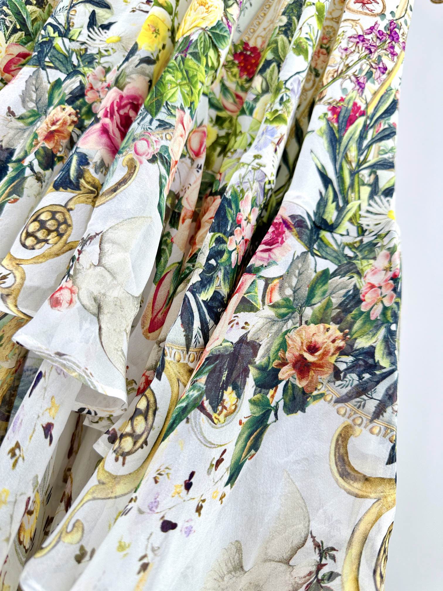 V-NECK LAYERED SILK PRINT MAXI DRESS