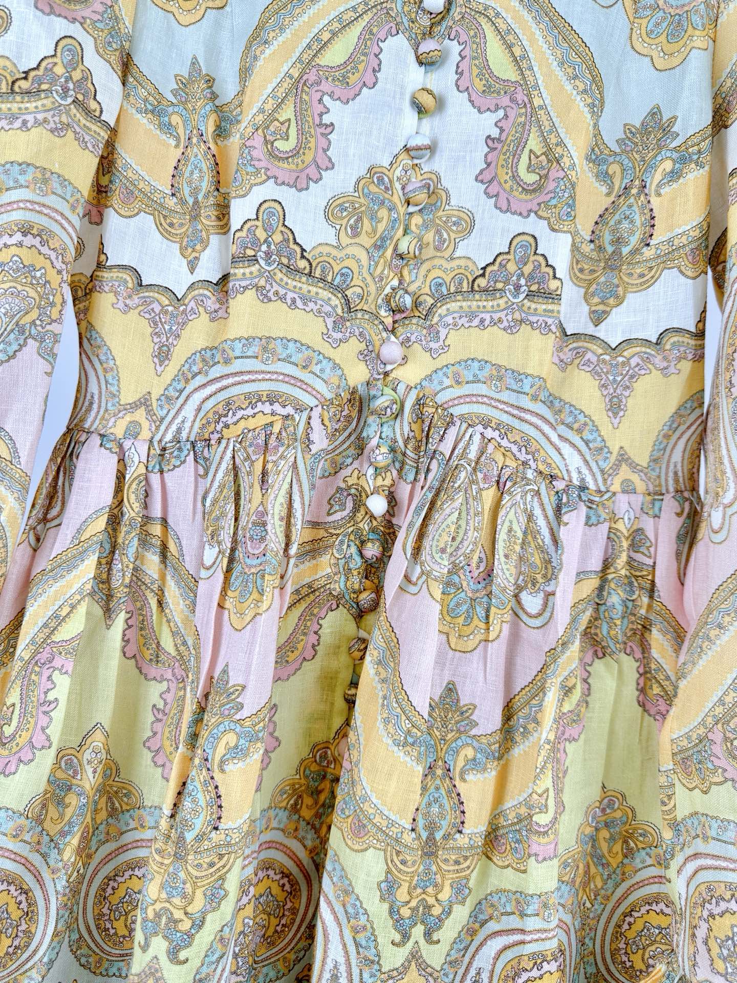 HIGH-NECK LONG-SLEEVE PRINTED DRESS IN PURPLE AND YELLOW