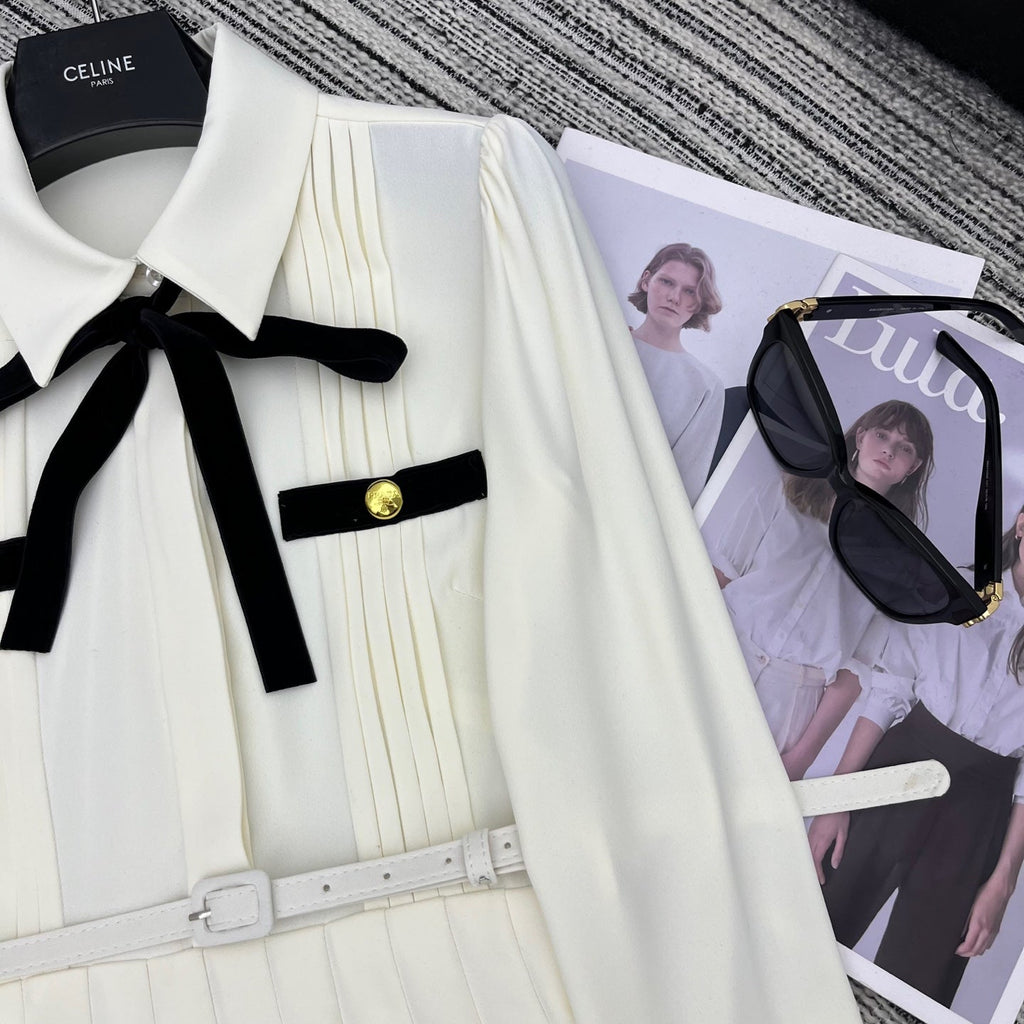 PRADA 25S LONG-SLEEVE COLLARED PLEATED DRESS 360