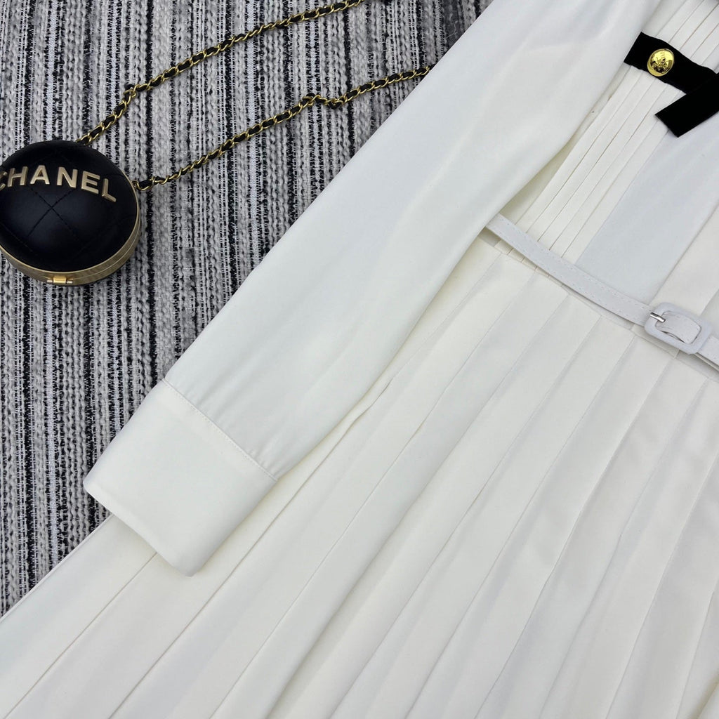 PRADA 25S LONG-SLEEVE COLLARED PLEATED DRESS 360