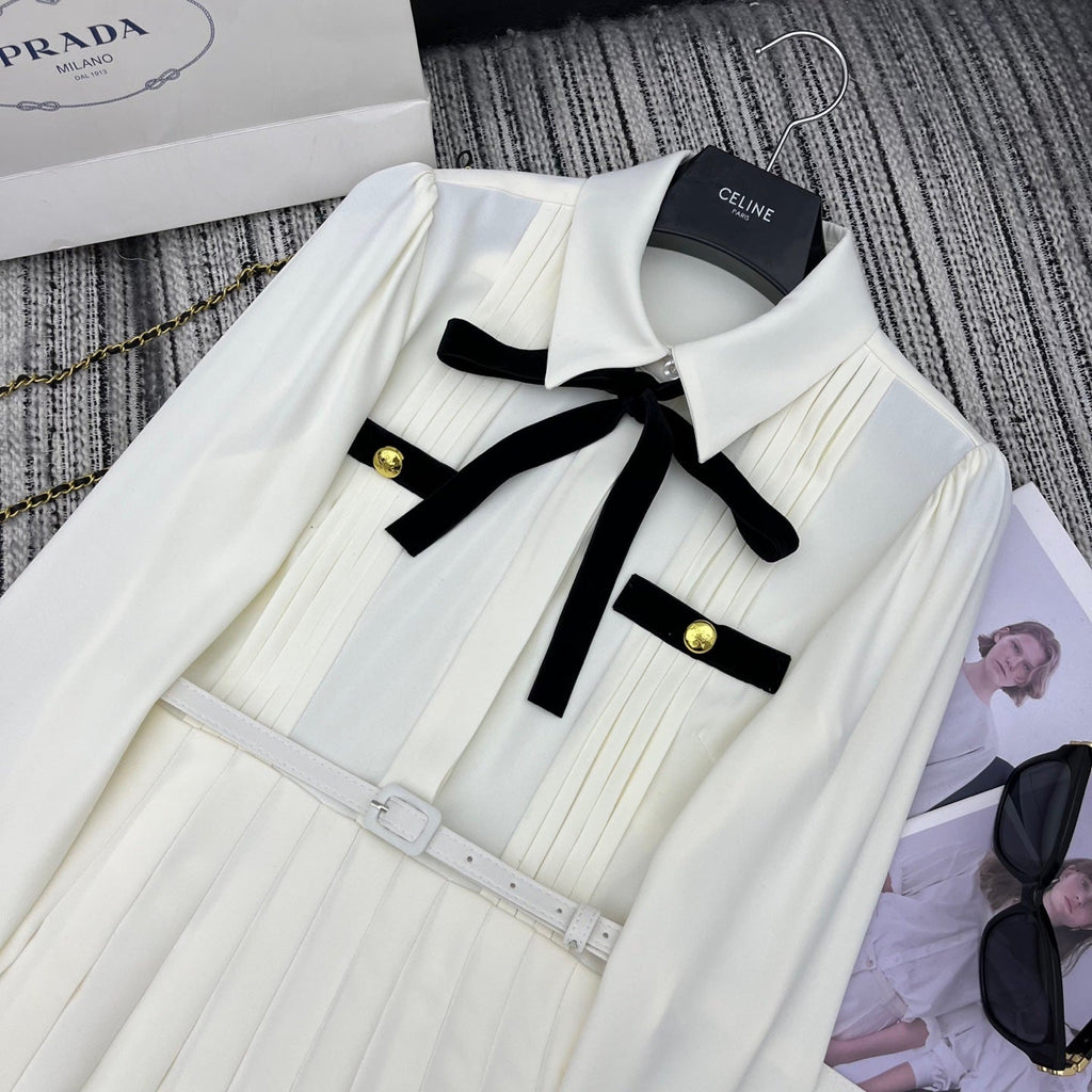 PRADA 25S LONG-SLEEVE COLLARED PLEATED DRESS 360