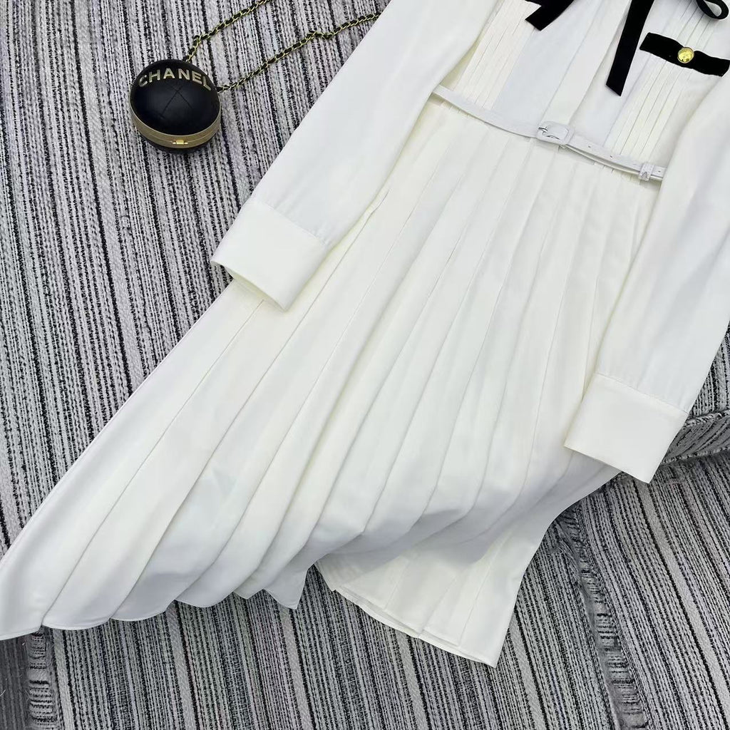 PRADA 25S LONG-SLEEVE COLLARED PLEATED DRESS 360