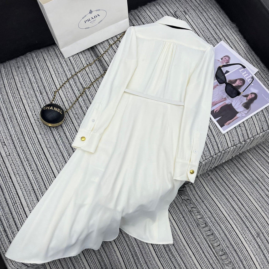 PRADA 25S LONG-SLEEVE COLLARED PLEATED DRESS 360