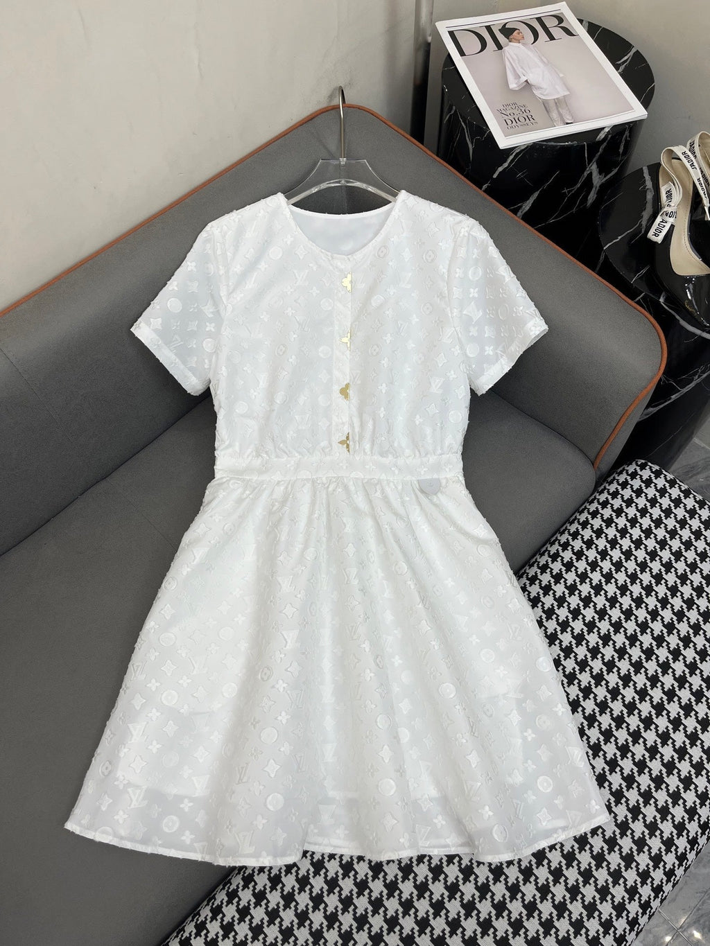LOUIS VUITTON WHITE EMBOSSED LOGO DRESS
