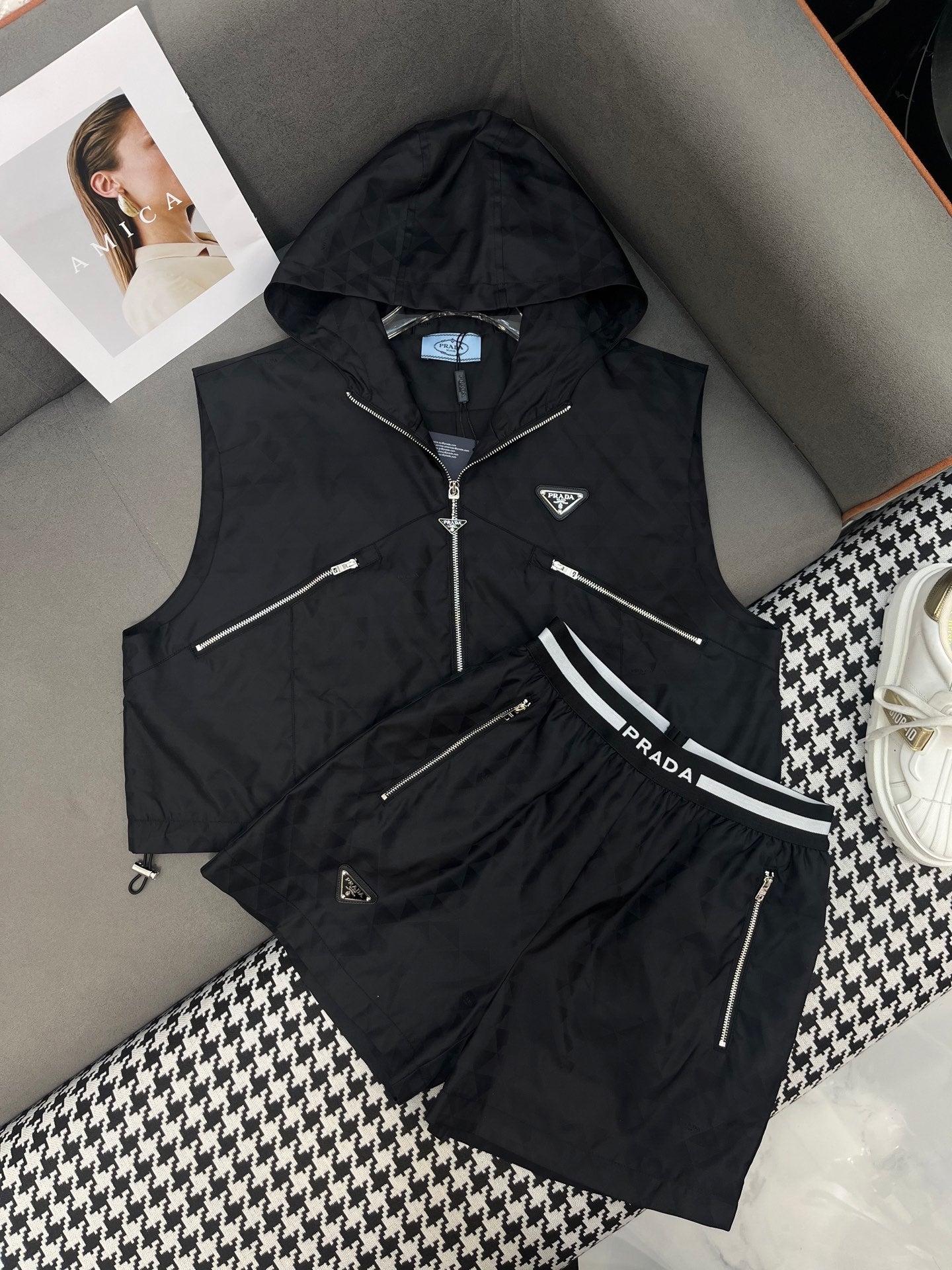 PRADA SLEEVELESS HOODIE AND SHORTS JACQUARD FABRIC 266715