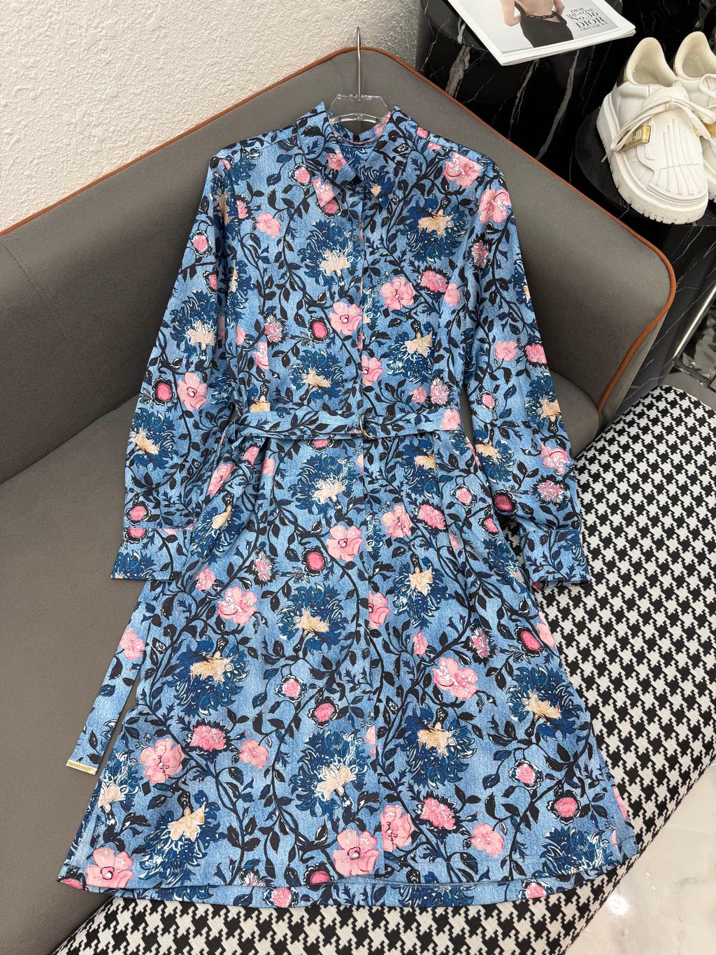 LOUIS VUITTON LV LONG-SLEEVE FLORAL PRINT SHIRT DRESS IN BLUE