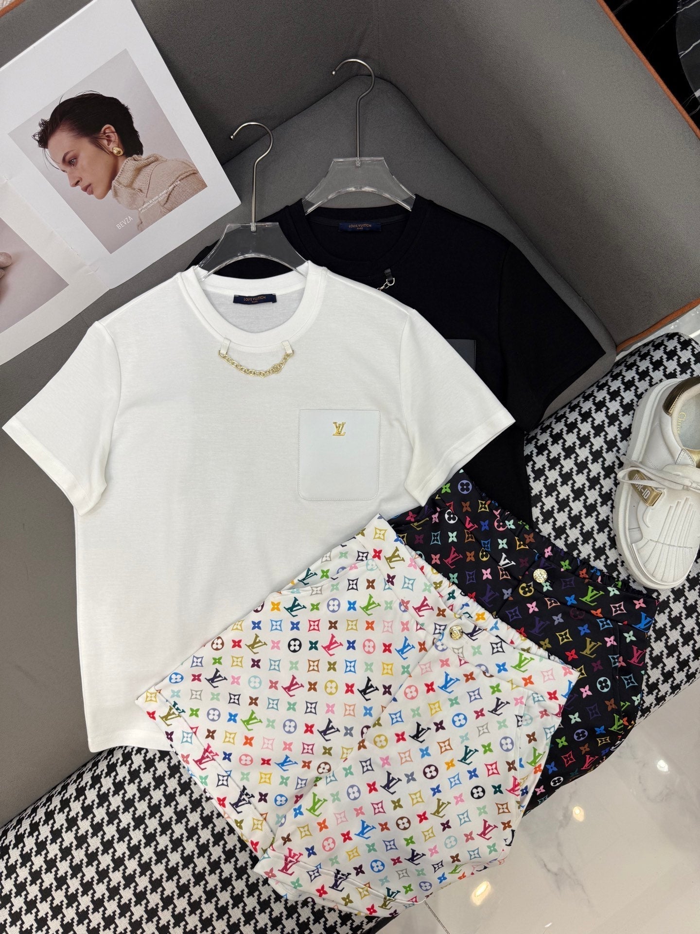 LOUIS VUITTON LV NEW T-SHIRT AND SHORTS SET WITH GOLD HARDWARE DETAILS