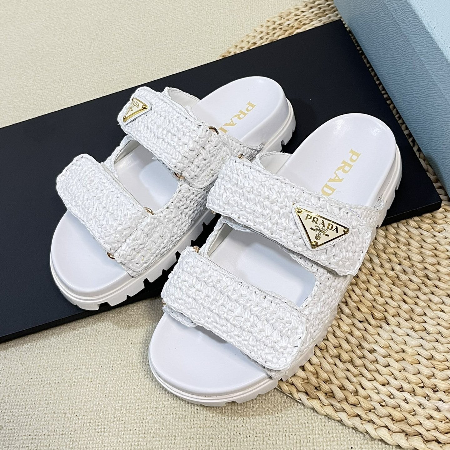 PRADA Pra Raffia Cork Slide 40 White