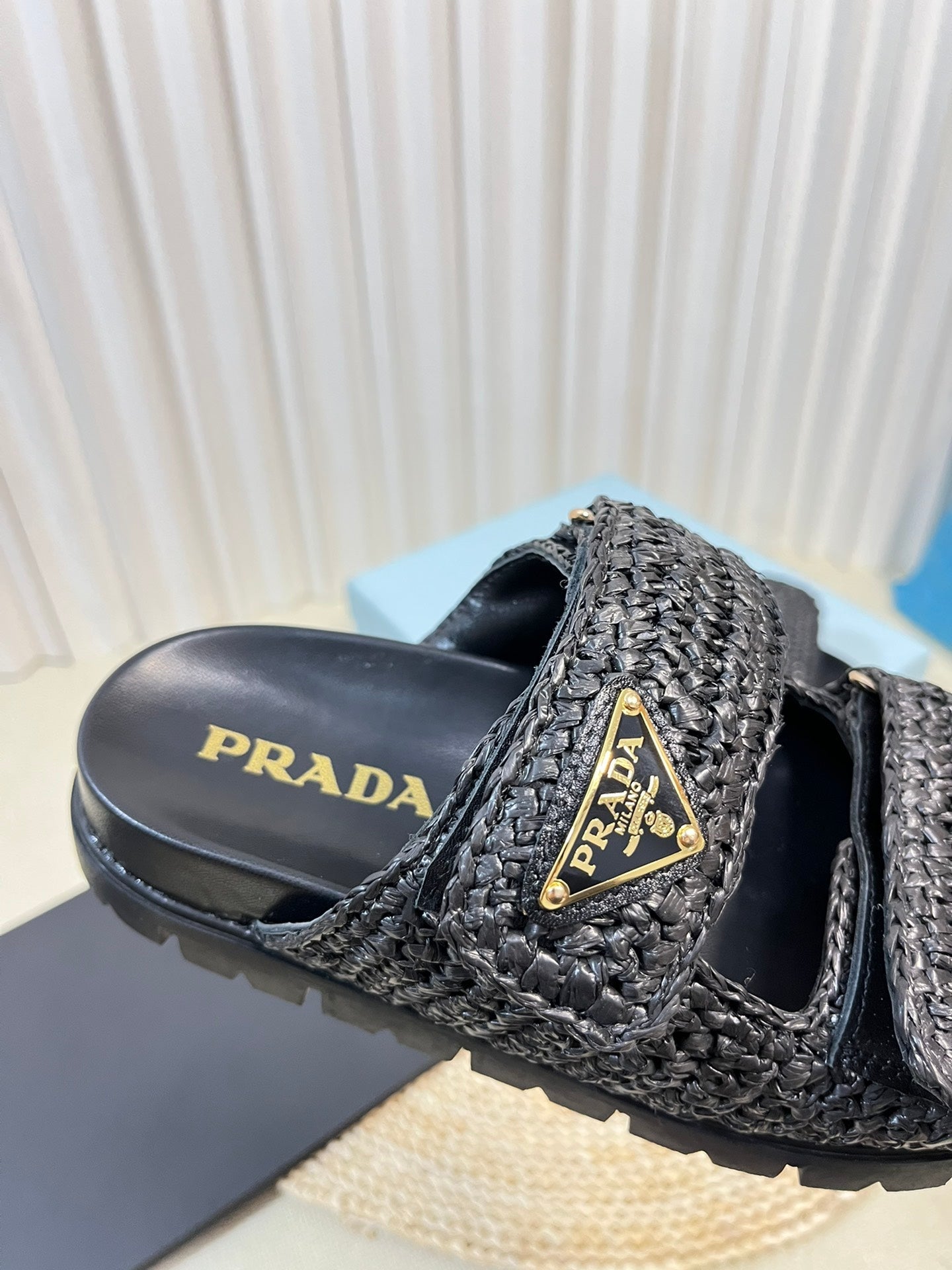 PRADA Pra Raffia Cork Slide 40 Black