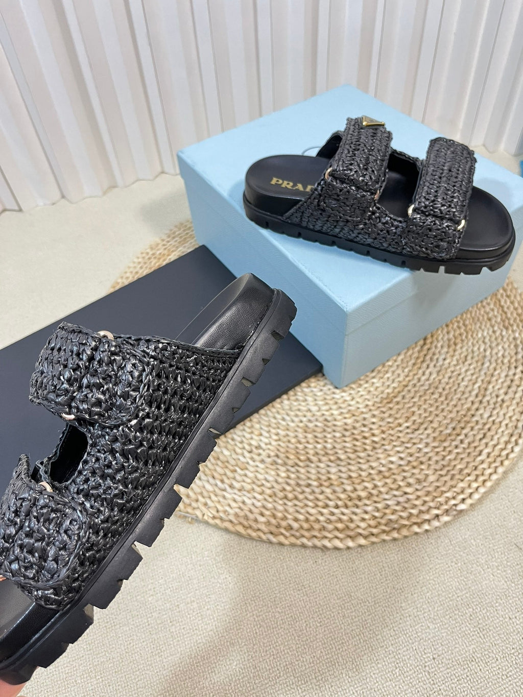 PRADA Pra Raffia Cork Slide 40 Black