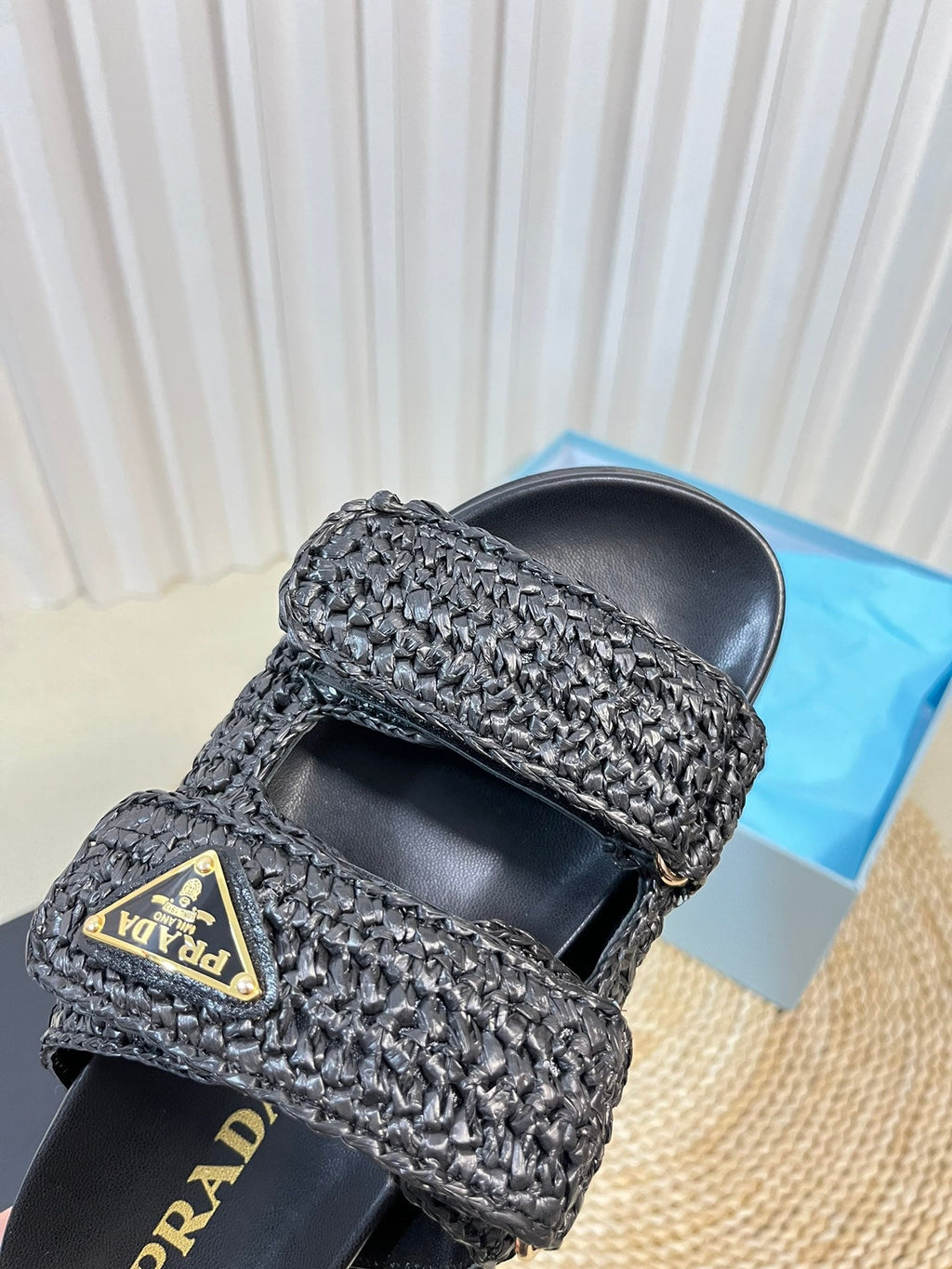 PRADA Pra Raffia Cork Slide 40 Black