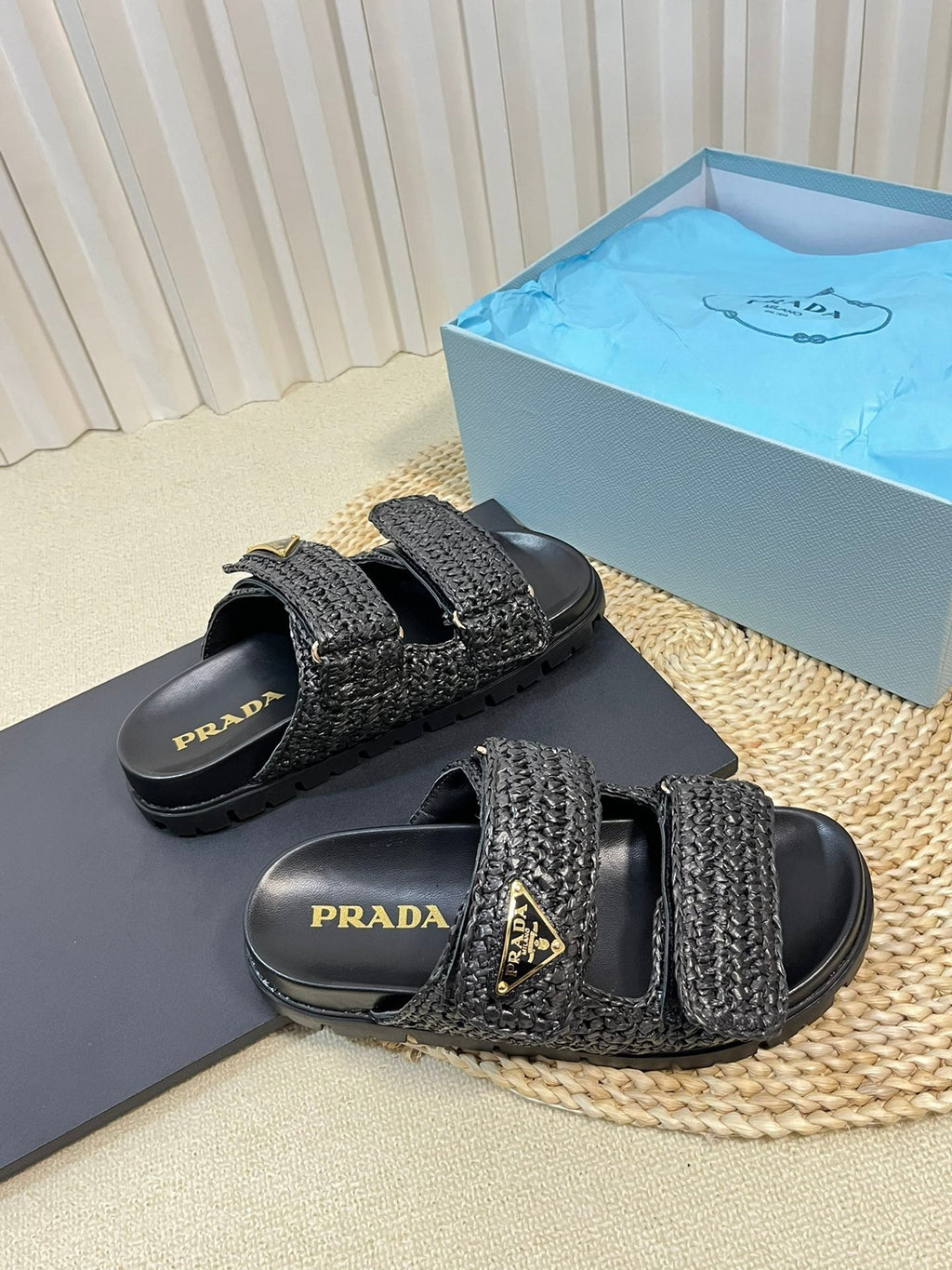 PRADA Pra Raffia Cork Slide 40 Black