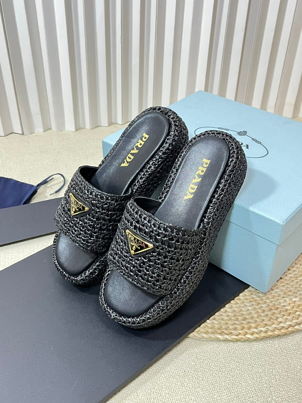 PRADA Crochet Flatform Slides 40 Black