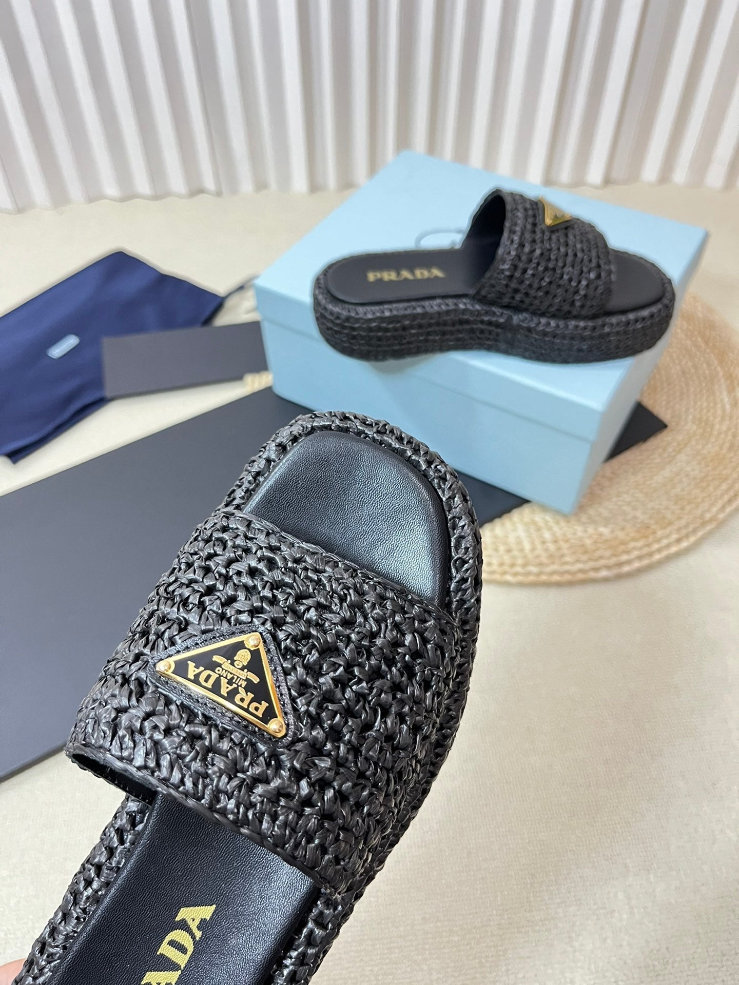 PRADA Crochet Flatform Slides 40 Black