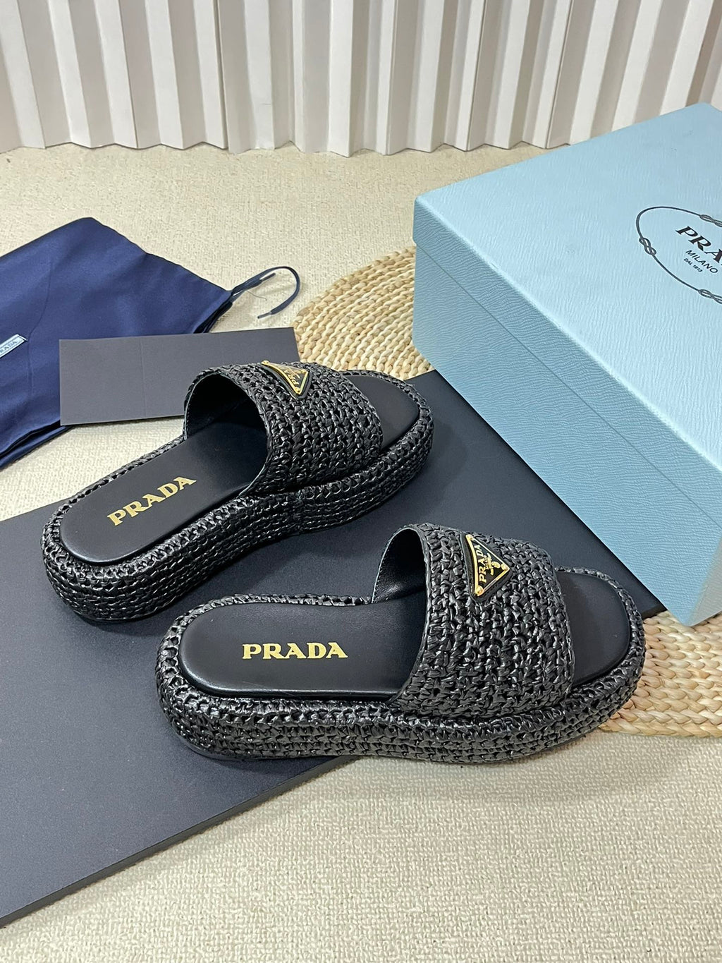 PRADA Crochet Flatform Slides 40 Black