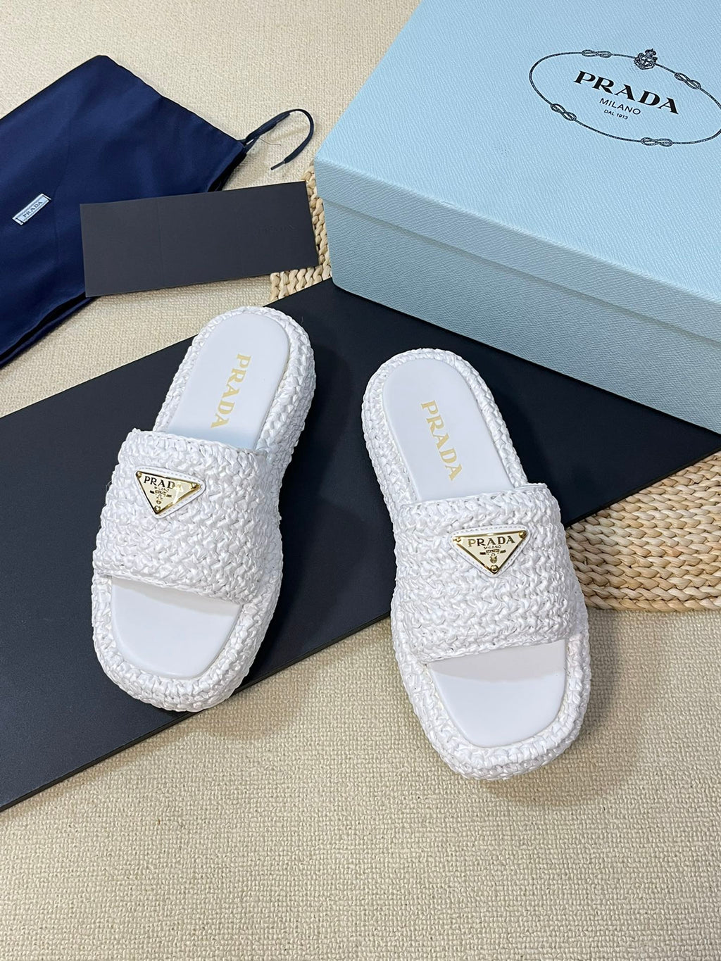 PRADA Crochet Flatform Slides 40 White