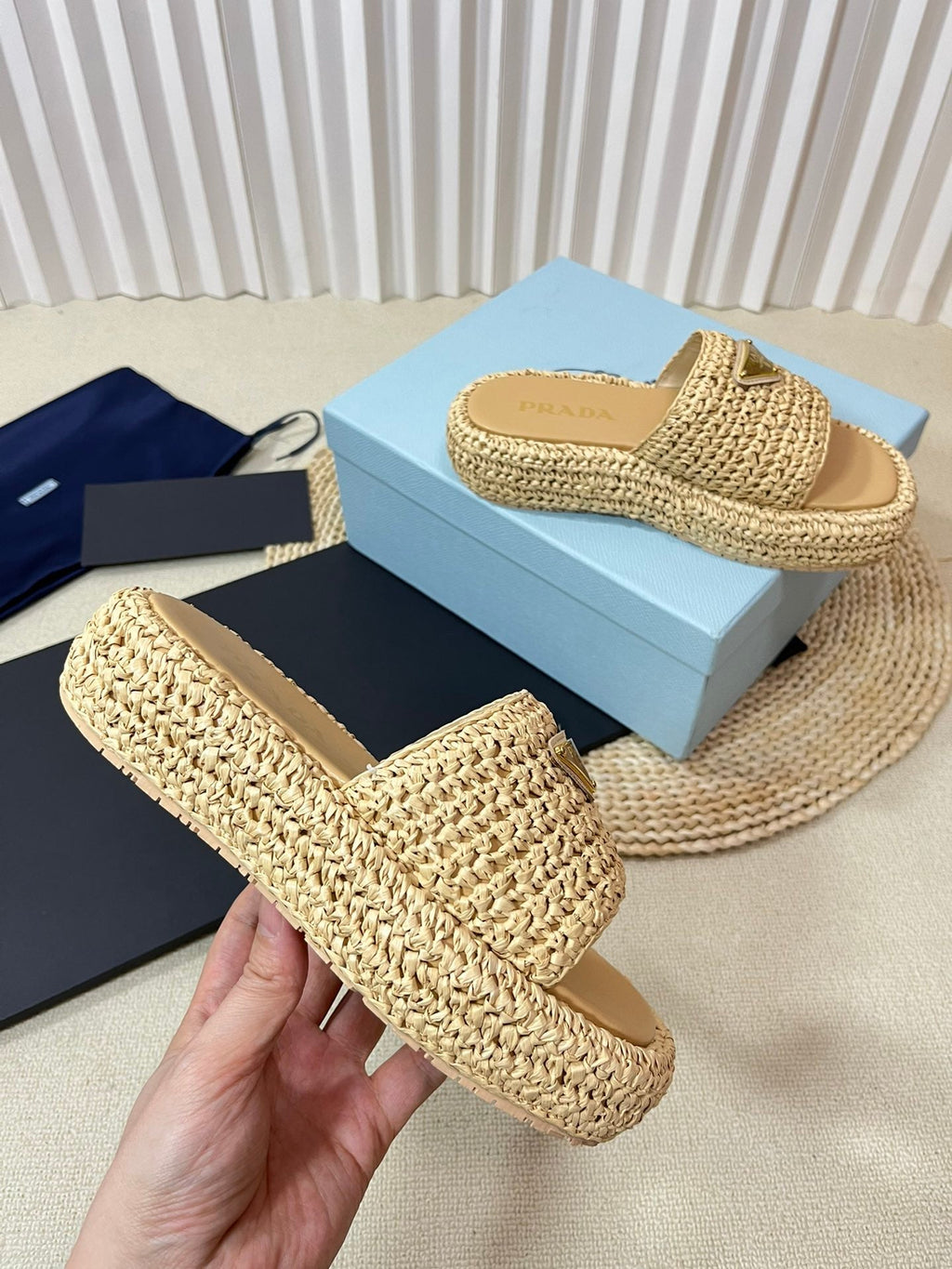 PRADA Crochet Flatform Slides 40 Beige
