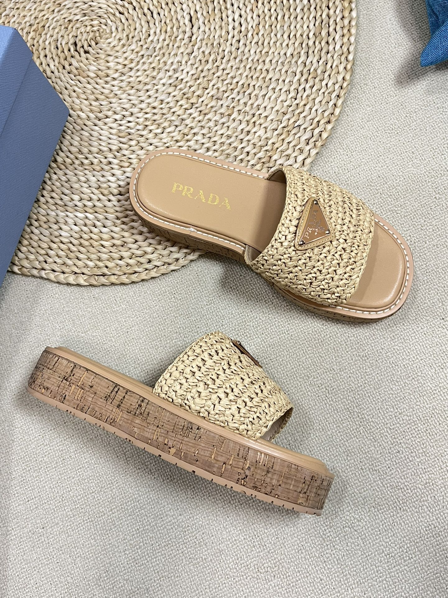 PRADA Crochet Flatform Slides 40 Lightweight Cork Sole Beige