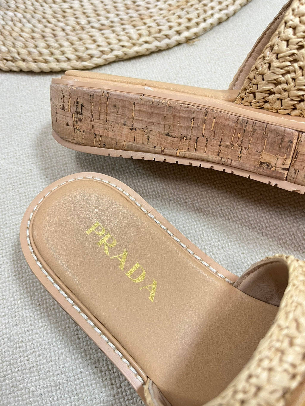 PRADA Crochet Flatform Slides 40 Lightweight Cork Sole Beige