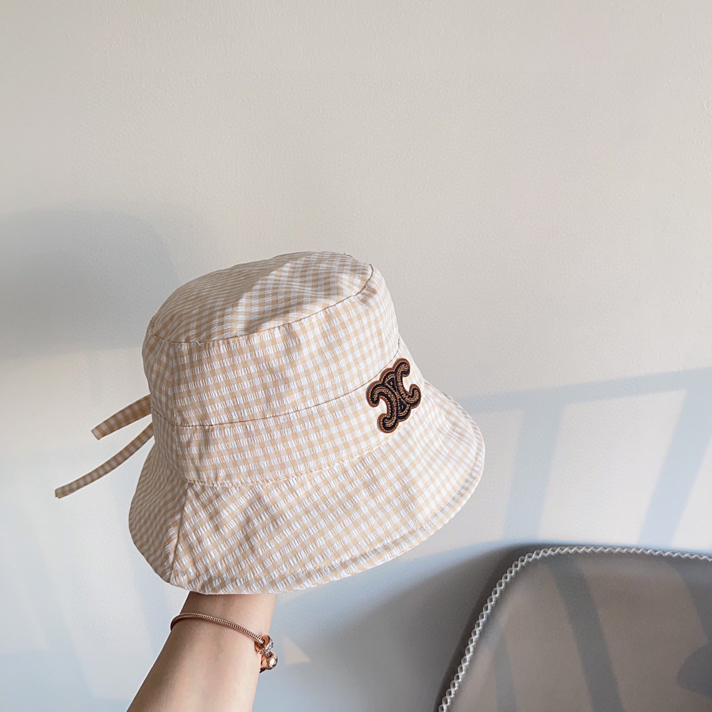 CELINE BUCKET HAT MODEL 652076 IN ORANGE & WHITE GINGHAM FABRIC