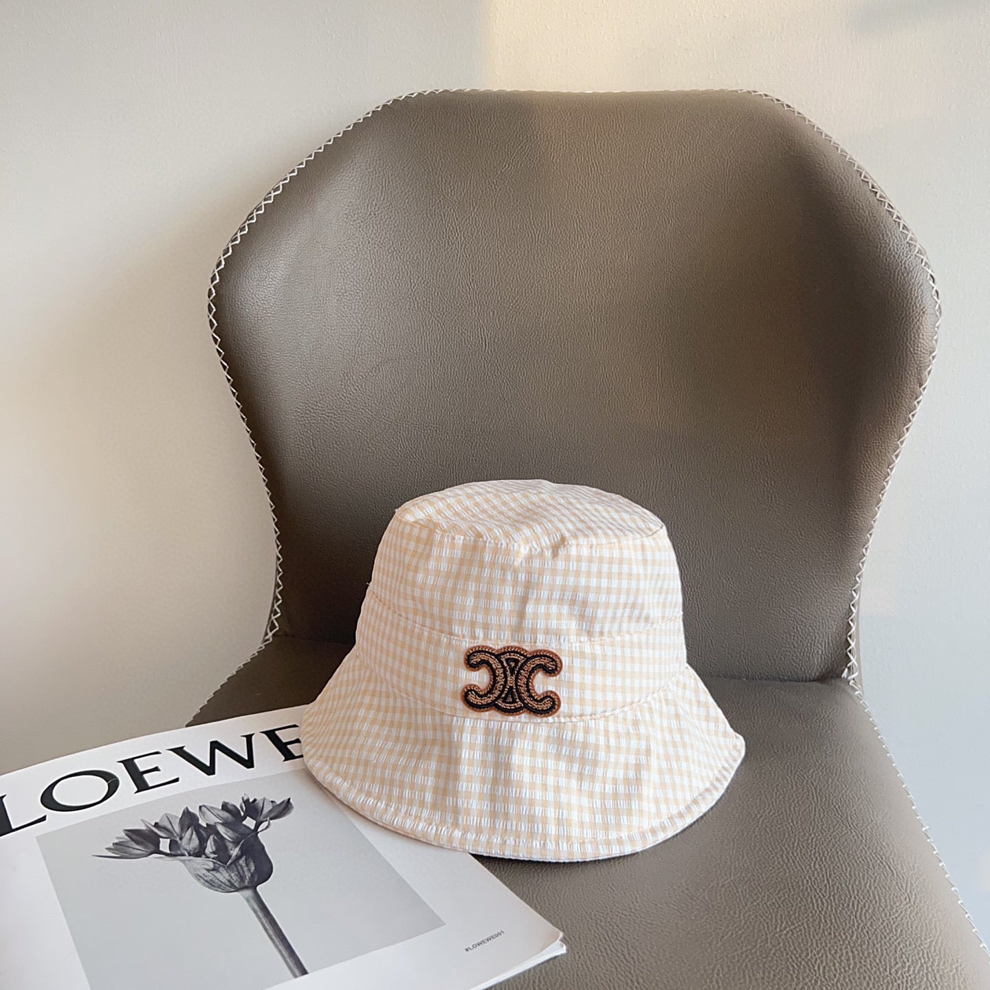 CELINE BUCKET HAT MODEL 652076 IN ORANGE & WHITE GINGHAM FABRIC