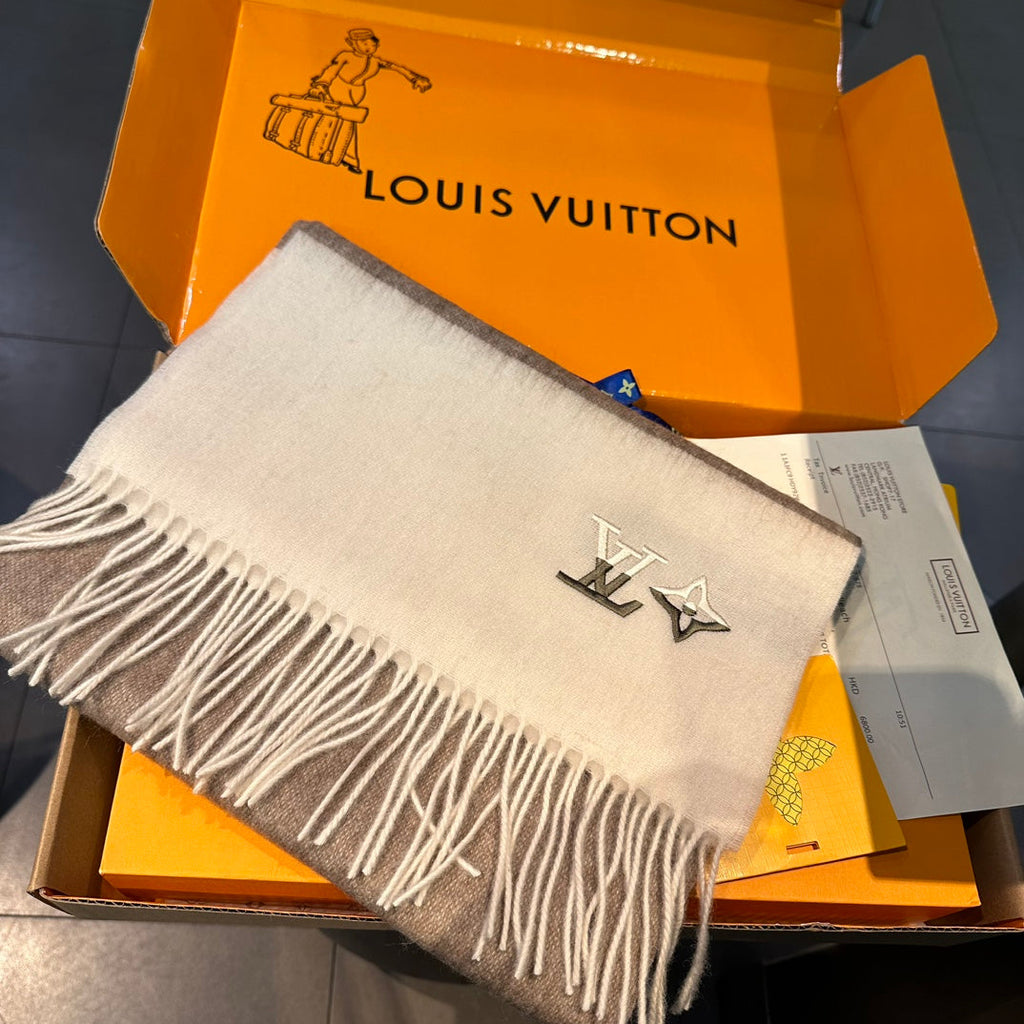 LOUIS VUITTON SCARF 185 CM IN MEDIUM BROWN MIX WHITE CASHMERE 390093