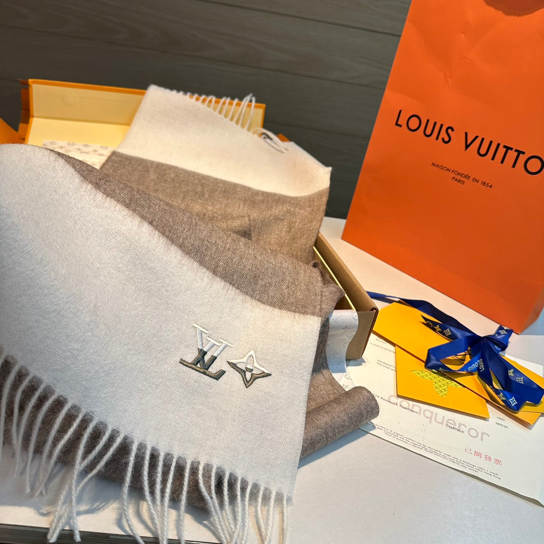 LOUIS VUITTON SCARF 185 CM IN MEDIUM BROWN MIX WHITE CASHMERE 390093
